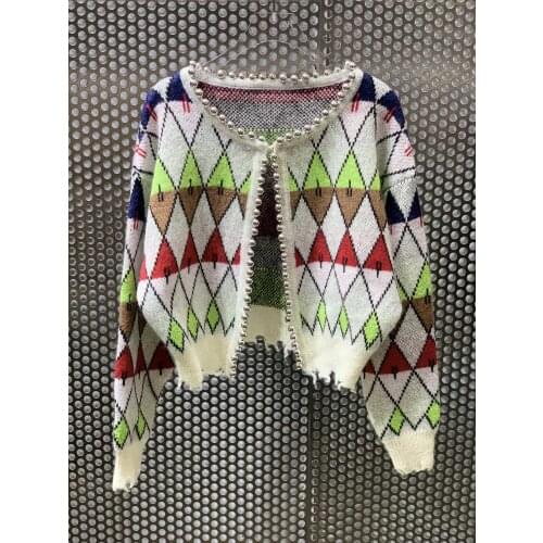 Fashion 2021 New Ladies Long Sleeve Sexy Casual Diamond Check Wool Cardigan 0112