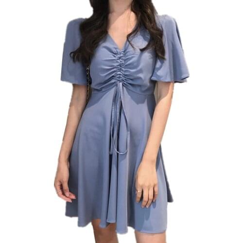 B2757 cool wind summer 2020 new women fashion v-neck high waist retro style and short sleeves blue dress cheap wholesale