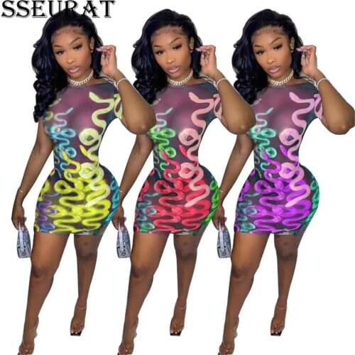 SSEURAT Mesh Mini Dress Women Summer 2021 Print Sexy Clubwear Sleeveless Bodycon Dresses Female Clothing