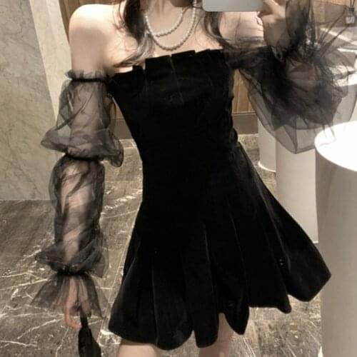 Sexy Gothic Off Shoulder Dress Vintage Lantern Sleeve Mesh Patchwork Velvet Mini Dress Dark Street Black Dress For Female