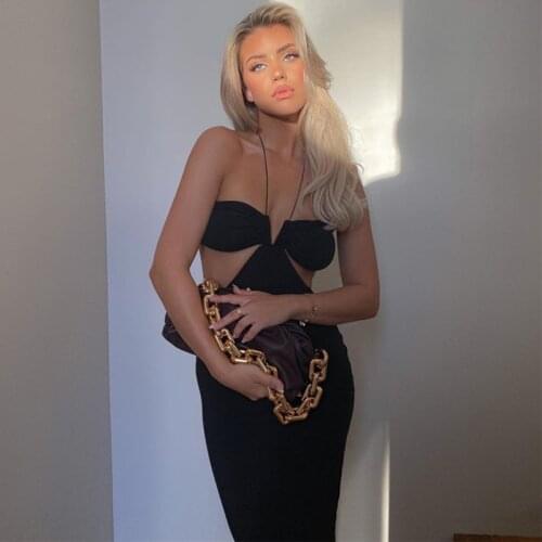 2021 Summer Spaghetti Strap Halter Sexy Backless Midi Dresses For Women Elegant Bandage Sleeveless Club Party Dresses Bodycon