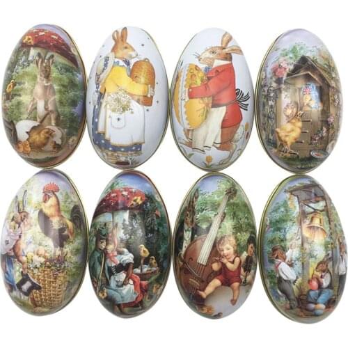 4 Pieces Easter Tin Box Eggs Shaped Candy Tinplate Case Bunny Chick Printing Party Foldable storage