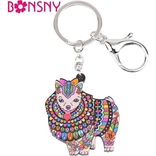 Bonsny Acrylic Statement Dog Jewelry Pomeranian Chain Key Ring Pom Gift For Women Girl Bag Charm Keychain Pendant Jewelry
