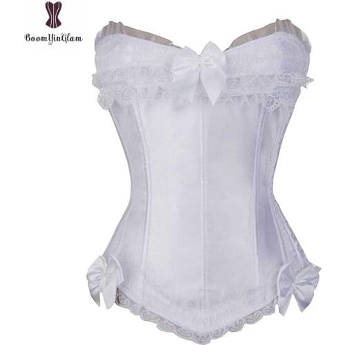 Satin Overbust Corset Top hooks Side Bowknot Clubwear Showgirl Body Shaper Cosplay Sexy Bustiers for wedding Plus Size Outwear