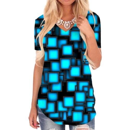 Giyu Brand Neon Lights T Shirt Women Blue T-shirts 3d Cube V-neck Tshirt Geometry Tshirts Printed Womens Clothing Punk Rock
