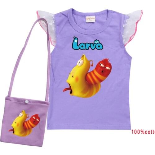 Kids T-shirts 100% Cotton Fabric Short Sleeve Funny Larva T Shirt with Bag Boys Summer Tops Children Clothing Baby Girls Clothes