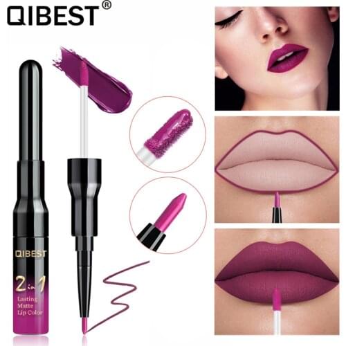 Qibest Double Head Matte Lip Gloss Lip Tint Liner Waterproof Nude Makeup Lipgloss Lasting Matt Purple Red Brown Liquid Lipstick