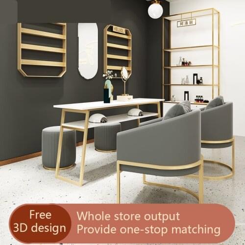 Double Layer Marble Nail Table Chair Set Nordic Minimalist Single and Double Golden Iron Nail Manicure Tables Salon Furniture