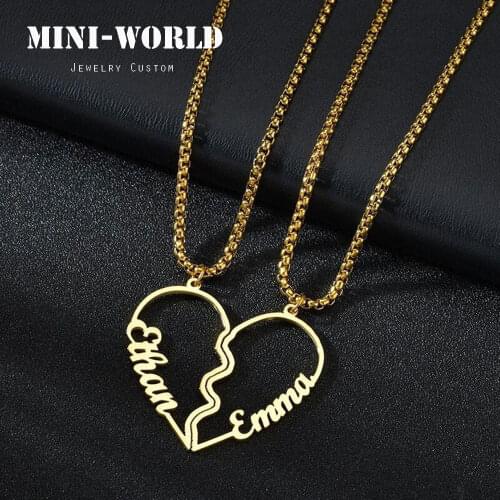 Mini-World Personalized Couple Love Necklace Customized Double Name Stainless Steel Broken Heart Necklace Lovers Jewelry Gift