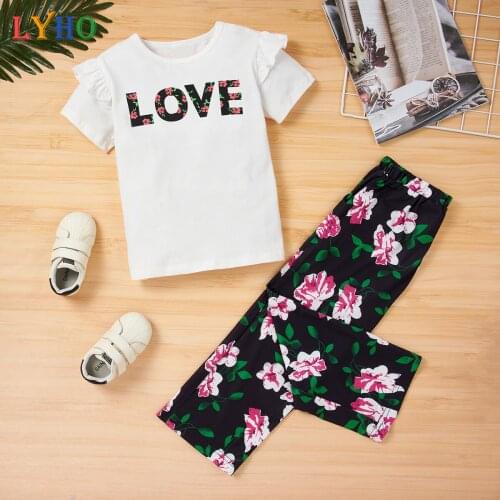 LYHO Kids Teen Clothes Suit Top + Trousers 2 Pcs Sets for Girls 2021 Summer Flower Letter Toddler Girl Clothing Fashion Pants