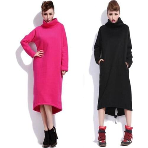 2020 Autumn Spring Women Long Turtleneck Hoodie Dress Plus Size L- 5XL 6XL Loose Pullover Casual Long Sweatshirt Hooded Dress