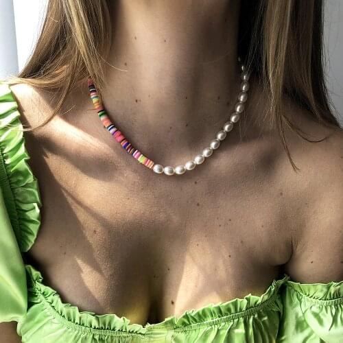 DIEZI Multicolor Soft Clay Beads Chain Necklace Vintage Bohemian Ethnic Fashion Imitation Pearl Necklaces Girls Women Jewelry