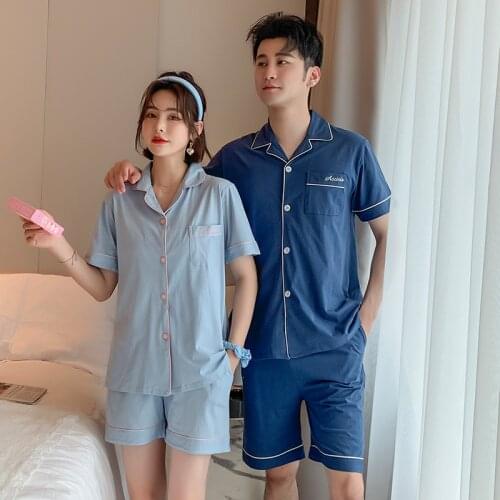 Couple Pajamas Set Cotton Sleepwear Set Men Pijama Short Sleeve &Pant Lover Pyjamas Loose Elastic Cotton Loose Women Pajamas Set