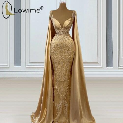 Champagne Luxury Beading Mermaid Evening Dresses Robe Longue Formal Wedding Prom Party Gowns Vestidos De Fiesta 2021