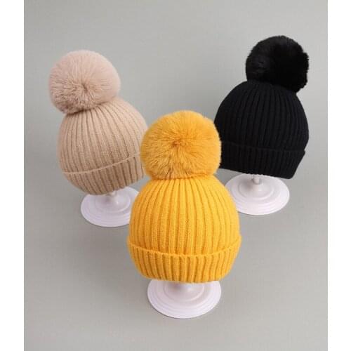Solid Color Big Pompom Baby Hat Winter Warm Knitted Baby Boys Girls Cap Beanies Infant Toddler Hat Bonnet