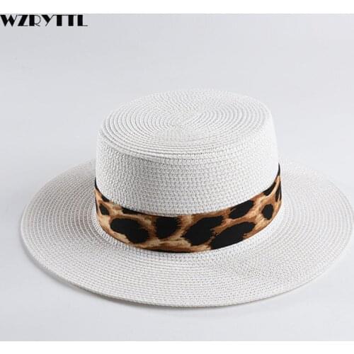 Unisex Paper Straw Hat Wide Brim Boater Hats Leopard Ribbon Sun Hat for Women Man Summer Beach Hat Kentucky Derby Cap Panama Hat