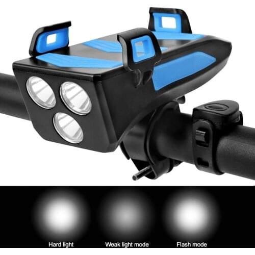 Waterproof Front Bike Lamp Multi-functional 3 LED USB Cycling Light Built-in 4000 mAhike with Bike Phone Holder Bicycle Bell