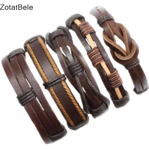 ZotatBele Handmade Vintage 5pcs/set ethnic tribal genuine bracelet wrap charming male pulsera brown braided leather bracelet F88