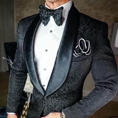 2021 Jacquard Black Men Suits 2 Pieces Shawl Lapel New Costume Homme Marriage Groom Wedding Wear Terno Masculino Slim Fit Blazer