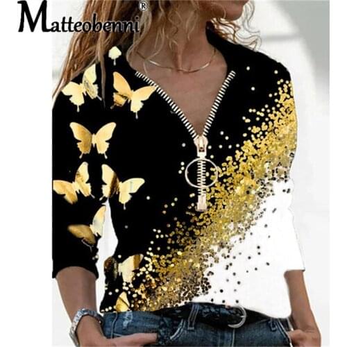 2021 Autumn Long Sleeve Oversized T Shirt Women Sexy V Neck Zipper Butterfly Print T-Shirts Casual Loose Ladies Street Tops Tees