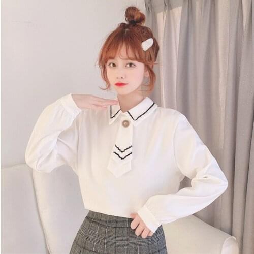 Japanese College Style Bow Tie Shirt for Women 2020 New Outer Wear Versatile Long Sleeve Loose Fit Slimming Shirt Trendy