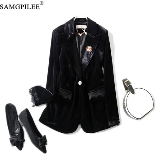 Blazer Women Fashion 2021 Spring And Autumn Single Button Slim High-end Gold Velvet Lace Cuffs Casual Plus Size Woman Blazer 4XL