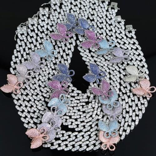 Iced out bling cz Miami cuban chain rainbow Butterfly charm choker necklace hip hop women jewelry for party statement necklace
