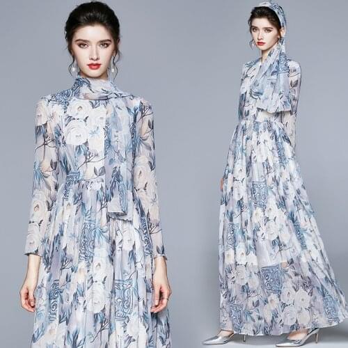 ZUOMAN Women Spring Autumn Long Maxi Floral Dress Festa High Quality Elegant Chiffon Party Robe Femme Designer Casual Vestidos