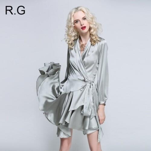 RG Women Irregular Design Long Sleeve Dress V-Neck Black Pink Color Charming Ruffle Hem Dresses Autumn vetement femme 2018