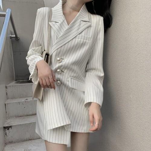 Retro Stripe Spring Women Blazer dress 2019 New Chic Lady Casual Suit Vestidos Long Sleeve Loose Blazer Femme Longue f291