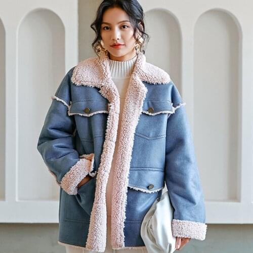 Winter Women High Quality faux lambswool Fur OverCoats Luxury short casual Thick Warm Plus Size female 2019 blue double face