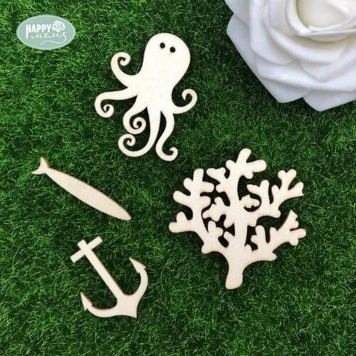2018 New Style 12or24/pcs Squid Fish Anchor And Coral Wood Shape Wood Shape Embellishments for scrapbooking Sea Wood Shape