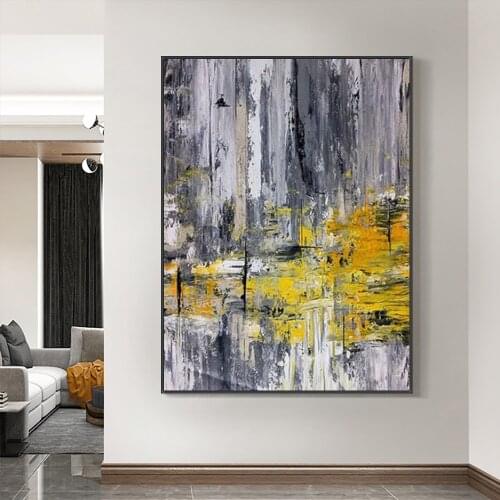 Yiqing Abstract Gray With Yellow Painting 100% Hand Painted Oil Painting On Canvas Modern Handmade Wall Art For Home Decoration