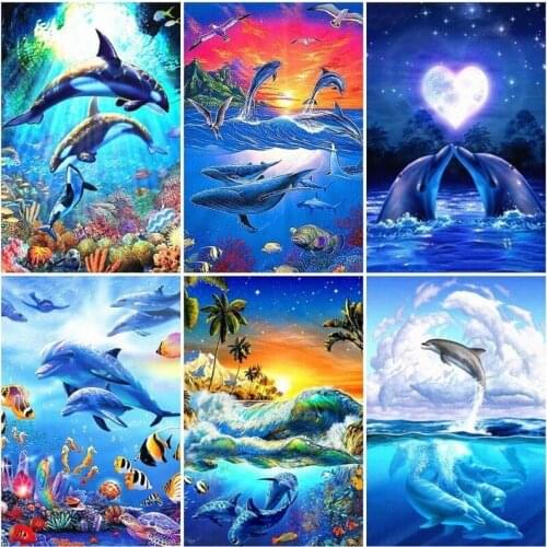 5D DIY Diamond Embroidery Full Round With AB Drill DIsplay Dolphin Diamond Painting Kits Animals Rhinestones Picture Diamond Art