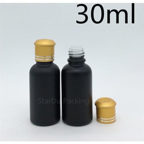 Free Shipping 500pcs/lot 30ML Black Frosted Glass Bottle 30cc Vials Essential Oil Bottle with gold cover Perfume bottles