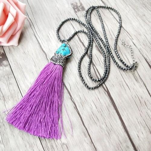 5 Strands Hematite bead Chains necklace,Howlite Blue stone Tassel Charm Pendants Pave Crystal Rhinestone Jewelry necklaces NK294