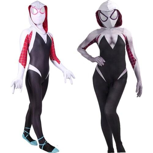Halloween Kids Women Gwen With Hat Mask Super Hero Costume Female Christmas Party Performance Suits Bodysuit For Adult Dress
