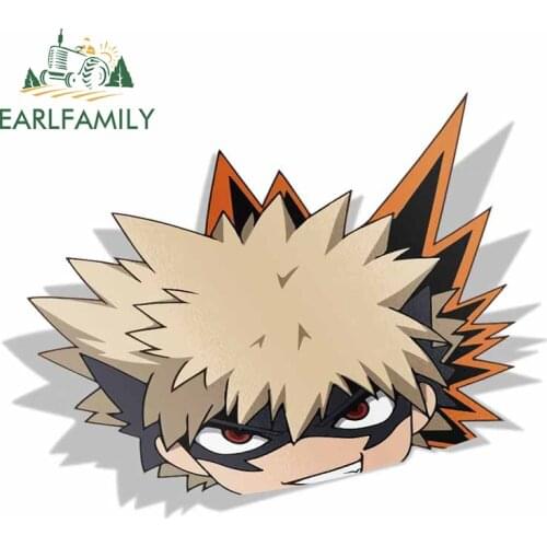 EARLFAMILY 13cm x 10.5cm for Katsuki Bakugo My Hero Academia Peek Big Head Anime Vinyl Car Sticker JDM Window Trunk Decal