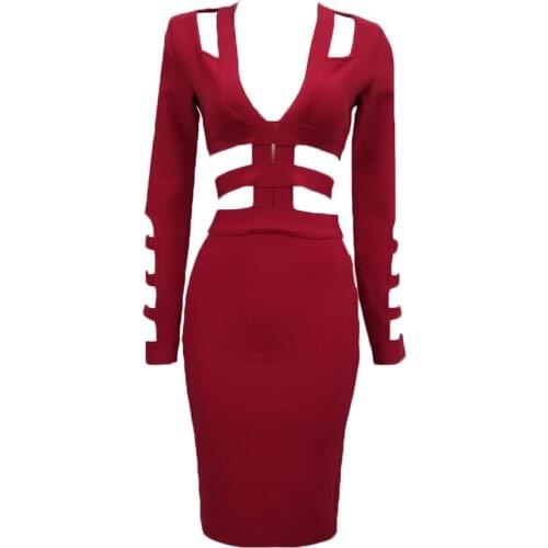 Elegant Women Dress Sexy Bandage Hollow Out Bodycon Autumn Winter Long Sleeve Ladies V Neck Party Dresses