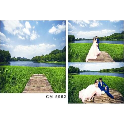 Photographic Backdrops 5x7 Wooden Bridge Green Grassland Clean Pool Blue Sky For Wedding Photo Shoots Real Backdrops for Studio