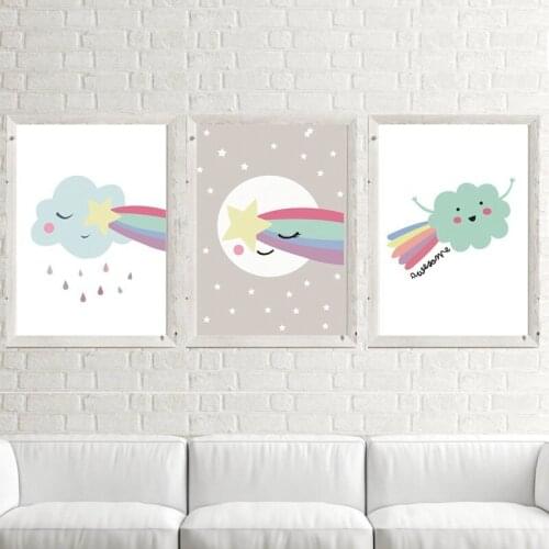 INS Fresh Rainbow Stars Clouds Decorative Painting Childrens Room Decorative Canvas Painting Cuadros Decoracion Dormitorio