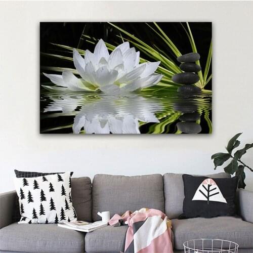 Canvas Painting Posters Prints Lotus Flower Zen Modern Black Stone Wall Art Pictures For Aesthetic Living Room Home Decoration
