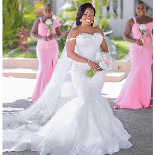 Off the Shoulder Lace Plus Size Mermaid Wedding Dresses Crystal Beaded Appliques Sweep Train Corset Back African Bridal Gowns