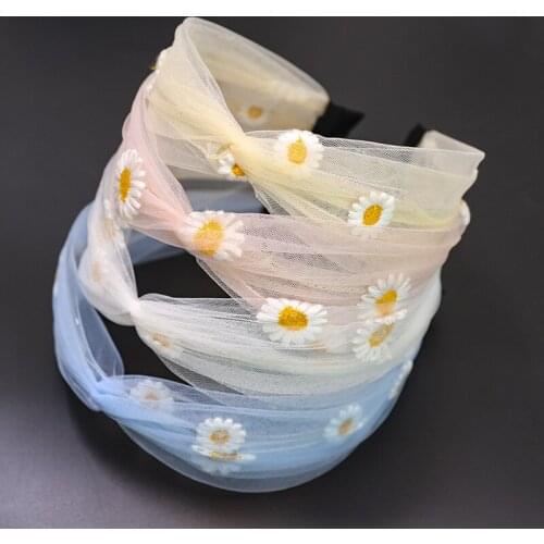 New Daisy Flowers Hair Hoop Summer Woman Girl Knotted Bezel Lace Transparent Mesh Embroidery Hairband Hair Accessories