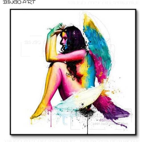 Professional Artist Hand-painted High Quality Abstract Angel Oil Painting on Canvas Multiple Colors Girl with Wing Oil Painting