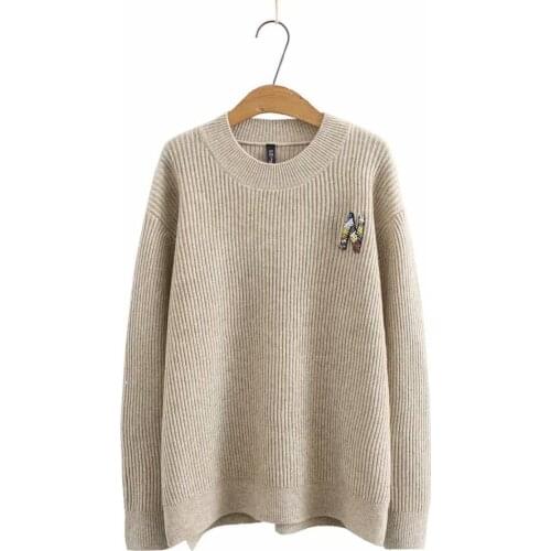 Plus size letter Appliques O neck Stripe knitted women loose sweaters 2021 new winter casual ladies khaki black pullovers tops