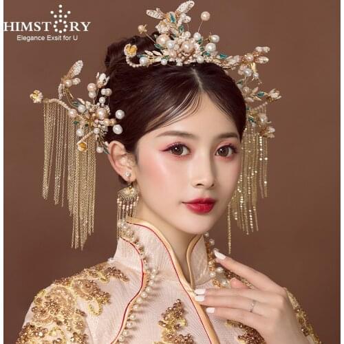 Himstory Luxury Chinese Style Wedding Hair Accessories Gold Long Tassels Princess Hairpins Bridal Jewelry Accessories