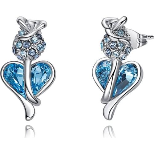 COCOM Shining Rose Flower Stud Earrings with Heart Shaped Crystals from Austria Original Trendy Jewelry Making for Women Girls