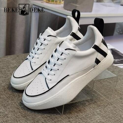 High Street Men Genuine Leather White Shoes Lace Up Platform Casual Shoes Breathable Luxury Round Toe Zapatillas Hombre Oversize