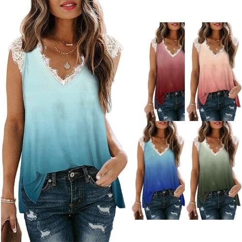 Lace Stitching Gradient Printing v-Neck Sleeveless T-Shirt Womens Summer Gradient Printing Chic Vest Loose Streetwear XXL New